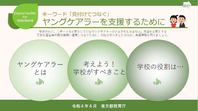 教職員向けデジタルリーフレット「キーワード『見付けてつなぐ』ヤングケアラーを支援するために」