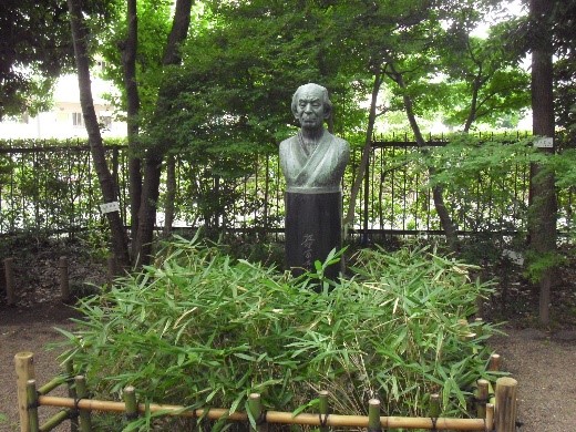 牧野富太郎胸像とスエコザサ