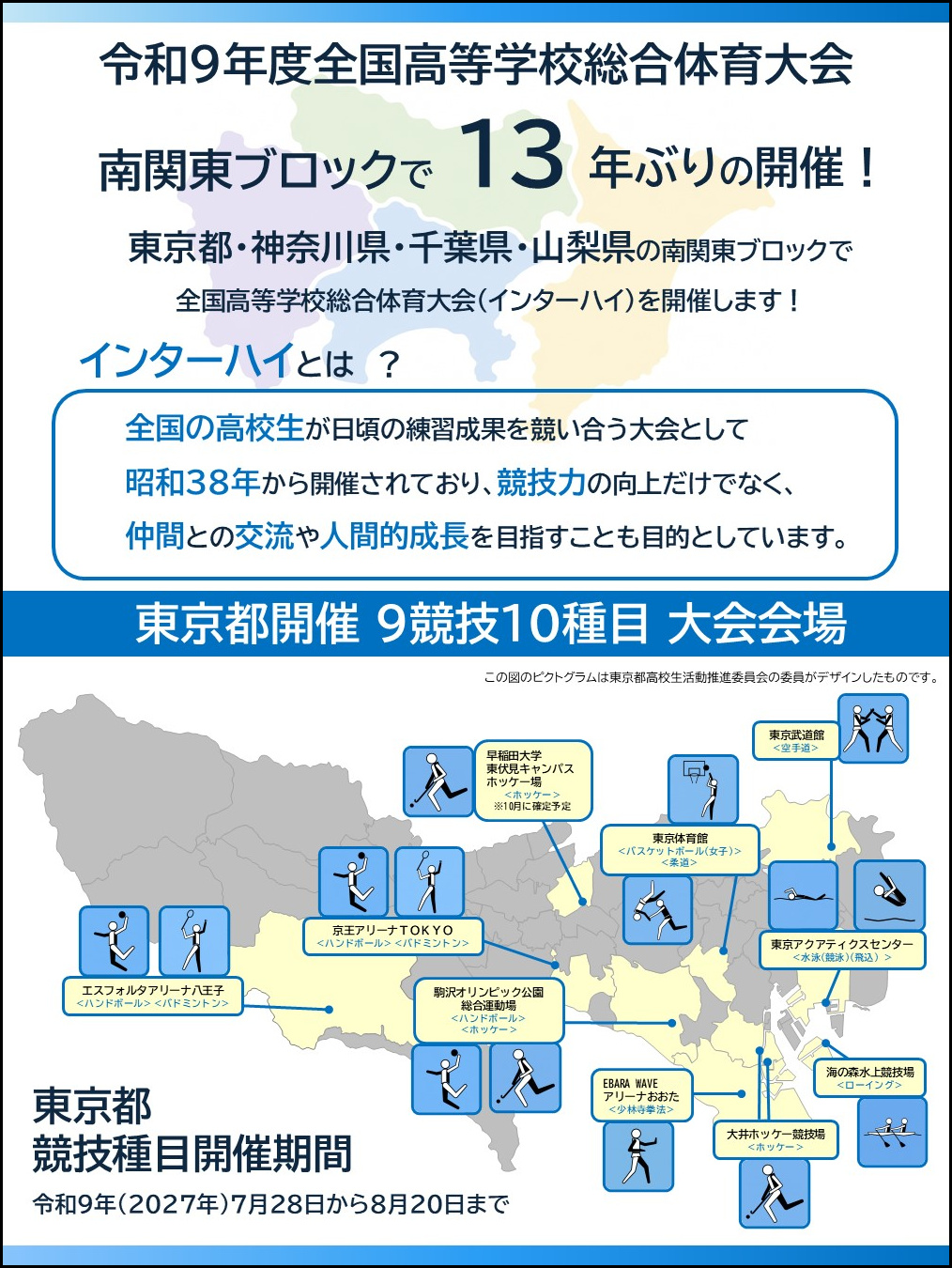 インターハイPR展示で用いたパネル（東京都開催競技種目一覧、大会会場及び大会開催期間）
