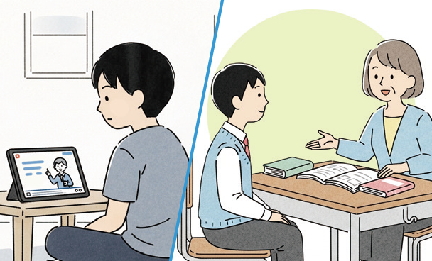 イラスト：事前の動画視聴と対面授業を組み合わせた授業